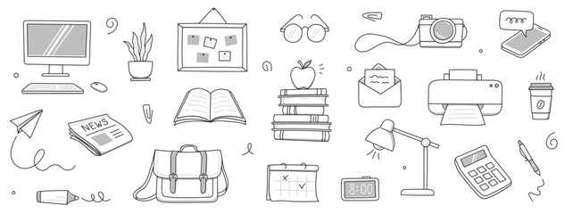 Office work doodle set. Office computer, work desk, notebook doodle icon. Hand drawn sketch style illustration. Business, school education hand drawn elements. Vector illustration.