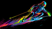Futuristic 3D Render Of A Freestyle Skier Mid - Jump, Neon Color Trails Following The Motion, Dark Background, High Contrast, Glossy Finish