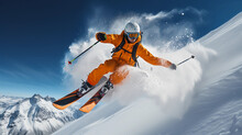 A Professional Skier In Mid - Jump, Captured In 4K, Powder Snow Flying Off The Skis, Bright, Crisp Day On A Mountainside, Focused And Determined Expression