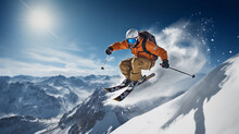 A Professional Skier In Mid - Jump, Captured In 4K, Powder Snow Flying Off The Skis, Bright, Crisp Day On A Mountainside, Focused And Determined Expression