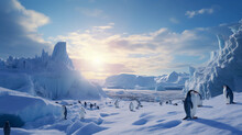 Emperor Penguin Colony In The Antarctic, Icebergs In The Background, Dramatic Sky, Chilling Atmosphere, Sharp Detail