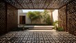 Design of a traditional courtyard house with an intricate lattice roof.