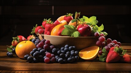 Wall Mural - Wooden table with a colorful bowl of fresh fruit