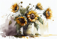 Still Life Of Sunflowers In A Vintage Crock Painted In Watercolor. AI Generated