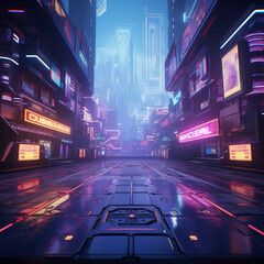 Sticker - a futuristic city with neon lights and neon signs