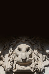 Wall Mural - Cover page with ancient decoration element of scary lion head with black background copy space