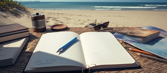 Poster - A writing book with beach accessories as the background, with plenty of space for writing.