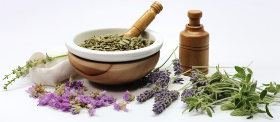 Poster - herbal medicine is represented by a photo showing medicinal herbs being crushed in a mortar and pestle, alongside a bottle of organic essential oil and herbal pills. The white background and top