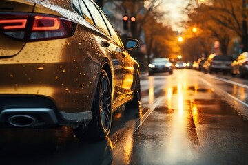 Wall Mural - Dynamic shot of a car maneuvering in autumn city traffic after rain by Generative AI