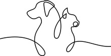 Pet Symbol With Cat And Dog Profiles. Continouos One Line Drawing.
