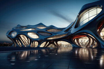 Futuristic building exterior with illumination. Modern architecture with geometrical shapes