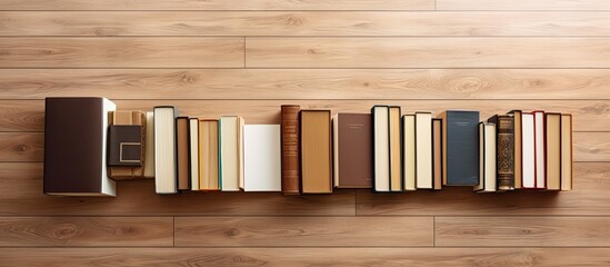 Poster - Different books are arranged on a wooden floor, with a brown wood parquet background. empty space available for writing. This setup represents the idea of going back to school and is shown from a