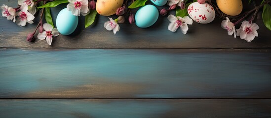 Poster - An Easter-themed table setting with painted eggs and flowers, arranged on a wooden background. is taken from above and offers space for text.