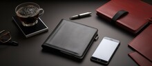 Modern Workplace In A Company, Featuring A Cellphone, Espresso, Leather Planner, And Pen, All Set On A Black Backdrop With Blank Space.