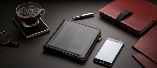 Aufkleber - modern workplace in a company, featuring a cellphone, espresso, leather planner, and pen, all set on a black backdrop with blank space.