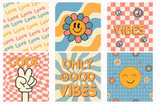 Retro Groovy Set Card 60s-70s Style. Daisy Flowers, Smile Face, Checkerboard Pattern. Peace Signs, Freedom. Stay Positive. Good Vibes Only. Hippie Aesthetic Background.