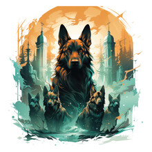 Halloween German Shepherd T-shirt Design Featuring A Group Of German Shepherds As Spectral Protectors Of An Ancient Graveyard, With Tombstones That Glow With Ghostly Energy, Generative Ai
