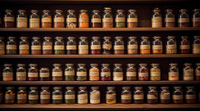 Scene Of An Antique Apothecary Cabinet Filled With Rows Of Small Glass Jars, Each Holding Different Dried Herbs, Shot With A Warm, Vintage Ambiance