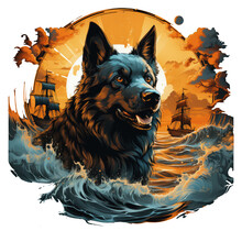 Halloween German Shepherd T-shirt Design Showcasing A German Shepherd As A Fearless Ghost Pirate, Leading A Spectral Crew Aboard A Haunted Ship, Generative Ai
