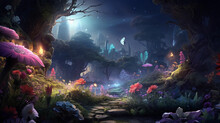 A Vibrant, Whimsical Digital Painting Of A Magical Garden Filled With Healing Herbs, An Ethereal Glow Illuminating The Scene Under The Moonlight, A Fairy - Like Representation Of Natural Remedies