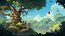 Birdwatcher's Haven, An Array Of Different Bird Species Perched On A Sprawling Oak Tree, Pixel Art Style, Focus On Vibrant Colors And Details, Nostalgic Video Game Aesthetics