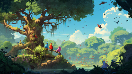 Wall Mural - birdwatcher's haven, an array of different bird species perched on a sprawling oak tree, pixel art style, focus on vibrant colors and details, nostalgic video game aesthetics