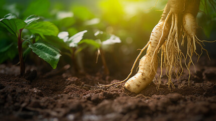 Wall Mural - freshly picked ginseng root on a rich soil background, droplets of water clinging to the root