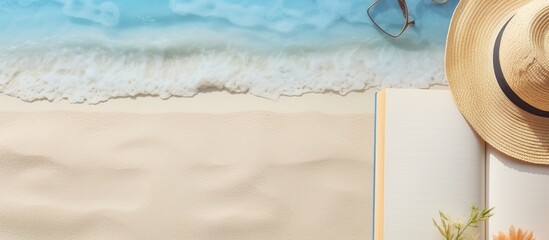 Poster - A flat lay photograph of a blank writing book with summer beach accessories in the background. copy space available.