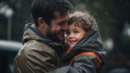 A man holds a boy in his arms in the rain