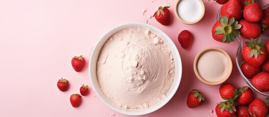 Sticker - flatlay composition of ingredients and utensils for creating a homemade strawberry pie, featuring dough preparation on a pink background with available space for text.