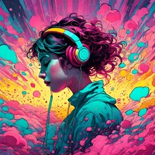 Girl Wearing Headphones Done As Psychedelic Art