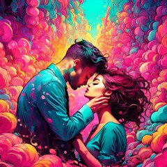 young boy and girl couple in love done as psychedelic art