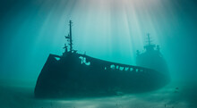 Beautiful Sunken Ship In The Depths Of The Sea With Good Lighting