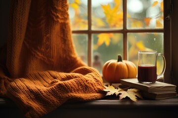 A warm and inviting autumn scene featuring pumpkins, a knitted sweater, and books displayed on a windowsill. The decor exudes the cozy atmosphere of fall, perfect for enjoying leisurely activities