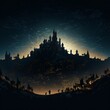 Dunkler Hintergrund mit digitalen Silhouetten mittelalterlicher Burgen und kriegführender Stämme