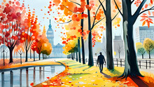 Watercolor Style Landscape With City Park In The Autumn