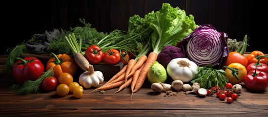 Poster - Fresh and organic vegetables, along with herbs and spices, are arranged on a wooden surface, representing a bio-healthy food option.