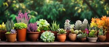 A Selection Of Different Types Of Succulents And Indoor Plants Arranged On A Wooden Table. Symbolizing The Idea Of Home Plants And The Nurturing Of Indoor Succulents. Space Left For Additional Objects