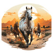 A vibrant horse t-shirt design portraying a herd of wild mustangs galloping across a sun-kissed desert landscape, Generative Ai