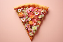 Slice Of Pizza With Spring Flowers, Floral Pizza Isolated On Flat Pastel Pink Background. Creative Concept For Spring Banner Advertising Pizza Restaurant. 3d Render Illustration Style.