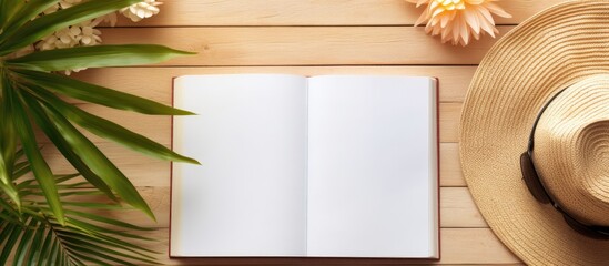 Poster - A writing book with summer beach accessories in the background is shown in a flat lay. copy space available in the image.