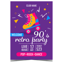 Retro Music Party Poster In 90's Style With Vintage Disco Roller Skates And Colourful Abstract Graphic Elements On The Blue Background. Invitation For Disco Dance Event In The Night Club.
