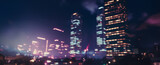 Abstract night lights of a modern futuristic cityscape. Defocused image of a dark street. Tall buildings, towers skyscrapers with glowing windows. Wide scale image created using Generative AI tools.