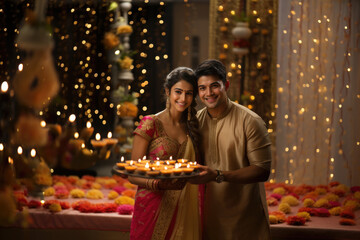 Indian young couple celebrating diwali ,holding plate of diya, night scene with lighting background