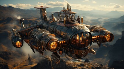 steampunk style vehicle, flying through the air on the street of steampunk city