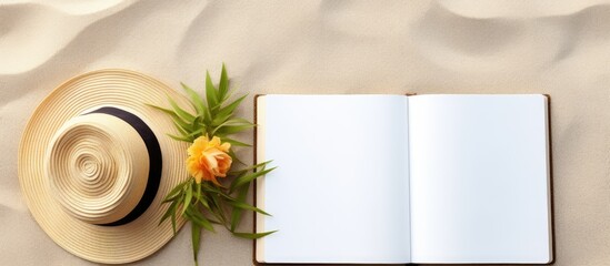 Poster - Blank Writing Book With Summer Beach Accessories On Background, Copy Space. Flat Lay With Copy Space.