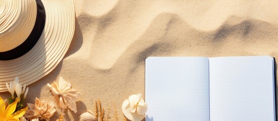 Poster - A writing book with summer beach accessories on a background, with empty space for writing. The photo is taken from above, and room for notes or messages.