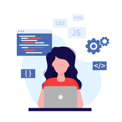 Software developer woman with long wavy hair. Programming languages. Isolated on white background.	
