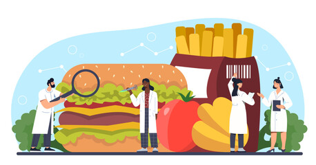 People with food research concept. Men and women in medical suits with magnifying glass near burger, tomato and french fries. Microbiology and biochemistry. Cartoon flat vector illustration