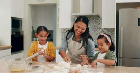 Wall Mural - Dance, baking and a woman with her girl children in the kitchen of their home together for cooking fun. Family, love and happy sister kids learning how to with their mother for child development